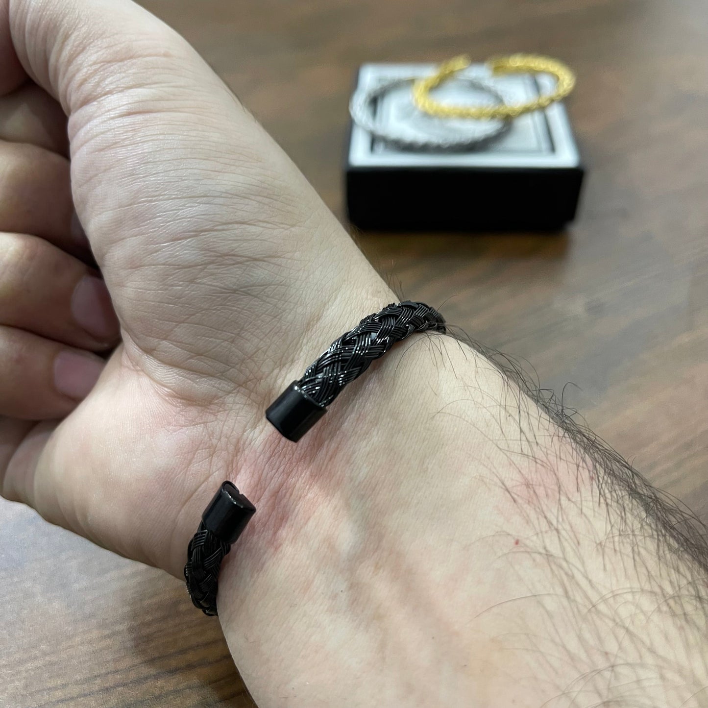 316 Stainless Steel Black Braided Bangle Kara Bracelets for Men Titanium Steel Opening Cable Bracelet for Men